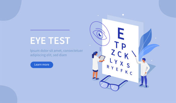 eye test Doctor Ophthalmologist and Nurse standing near Eye Test Chart. Medical Character Checking Vision. Eyesight Check Up and Glasses Choosing. Ophthalmology Concept. Flat Isometric Vector Illustration. eye doctor stock illustrations
