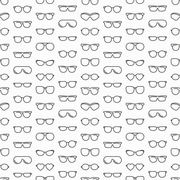ilustrações de stock, clip art, desenhos animados e ícones de eyeglasses seamless pattern with thin line icons: sunglasses, sport glasses, rectangular, aviator, wayfarer, round, square, cat eye, oval, extravagant, big size. modern vector illustration. - eyeglasses