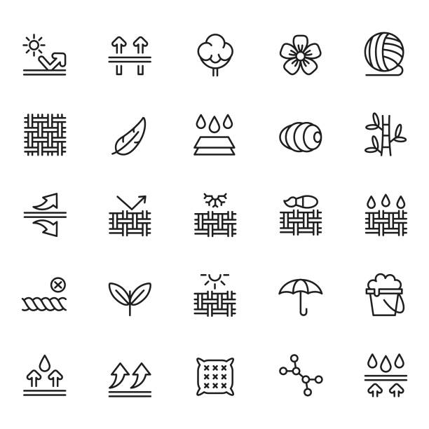 ilustraciones, imágenes clip art, dibujos animados e iconos de stock de conjunto de iconos de características de tela - textil