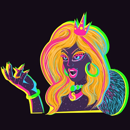 Fabulous drag queen with UV paint all over their body. Androgynous lady with festival neon colors wearing a crown and accessories. Conceptual art about pride and tolerance for LGBTQ community.