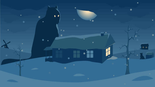 bildbanksillustrationer, clip art samt tecknat material och ikoner med a fabulous winter image with a huge monster cat in the village at night - cat snow