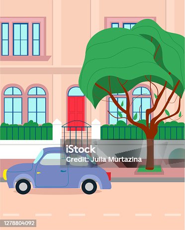 istock Facade of a house with a car and a tree in the foreground. Summer. Vector illustration 1278804092