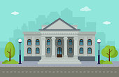Facade university or government institution with city skylines. Flat style vector illustration. Eps10.