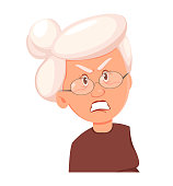Face expression of grandmother, angry. Emotion of old woman. Vector illustration on white background