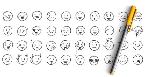Face expressions doodle set Face expressions doodle set. Collection of pencil ink hand drawn sketches templates patterns of funny happy and upset faces emoticons. Positive and negative social media emoji illustration. avatar patterns stock illustrations