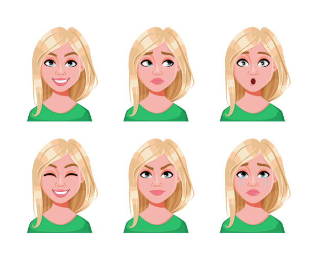 Face expressions of cute blonde woman Face expressions of cute blonde woman. Different female emotions, set of six poses. Beautiful lady cartoon character. Vector illustration isolated on white background. blond hair stock illustrations