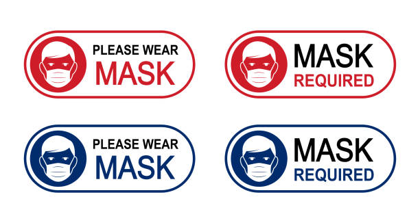Face mask required set sign. Attention do not enter without a face mask. Human wearing medical mask icon, protecting themselves against infection. Coronavirus - COVID-19, virus contamination.  vaccine mandate stock illustrations