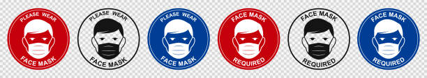 Face mask required sign. Attention do not enter without a face mask. Human wearing medical mask icon, protecting themselves against infection. Coronavirus - COVID-19, virus contamination - vector  vaccine mandate stock illustrations