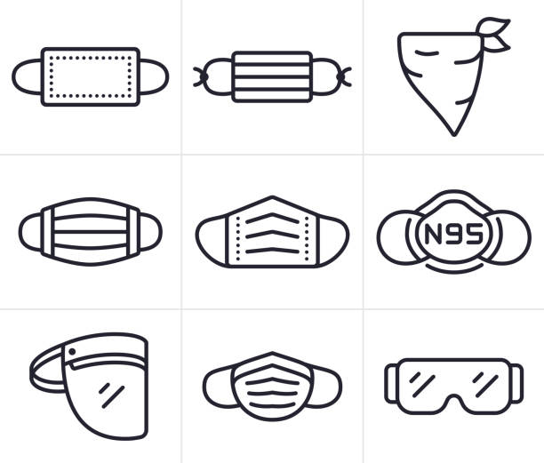 Face Masks, Coverings and PPE Personal Protective Equipment Symbols and Icons Coronavirus face coverings, face masks and PPE personal protective equipment line icons and symbols. obscured face stock illustrations