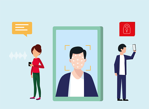 Face recognition face id system concept. Vector illustration of young man using face scanning app on screen smartphone screen. People using next generation technological security application. Vector flat cartoon graphic design isolated