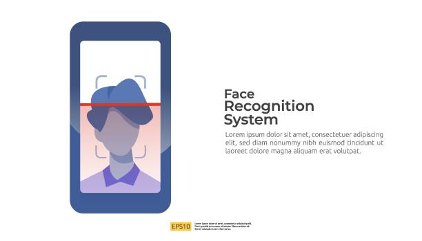 Face recognition system scanning on smartphone. facial biometric data identification security. web landing page template, banner, presentation, social, poster, ad, promotion or print media. vector art illustration