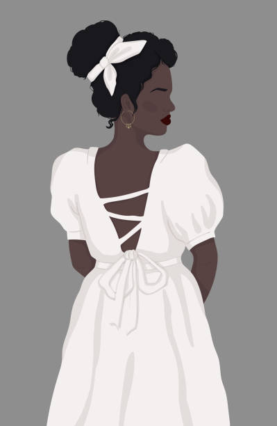 faceless black woman in white vintage dress with open back. vector isolated modern illustration. For poster, postcard, banner, book cover or magazine faceless black woman in white vintage dress with open back. vector isolated modern illustration. For poster, postcard, banner, book cover or magazine romance book cover stock illustrations