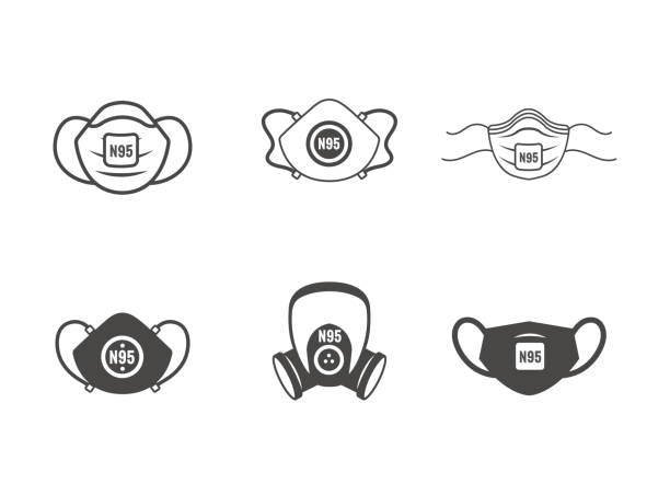 ilustraciones, imágenes clip art, dibujos animados e iconos de stock de n95 máscara facial ppe máscara facial icono conjunto - máscaras faciales respiratorias - n95 mask