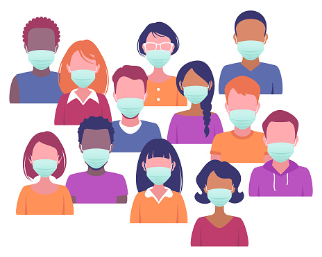 Faces of various people wearing surgical masks