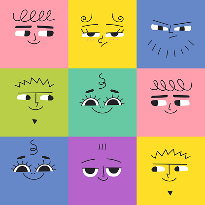 Seamless pattern with square funny characters with differents face emotions. Colorful modern vector illustration with shapes happy sad angry smiley faces for children.