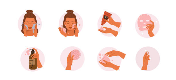 facial cleaning Beauty Girl Take Care of her Face and Use Cleansing Products for Skin. Facial Cleaning, Mask, Moisturizing and Make Up Removing Skincare Procedures. Flat Vector Illustration and Icons set. skin care stock illustrations