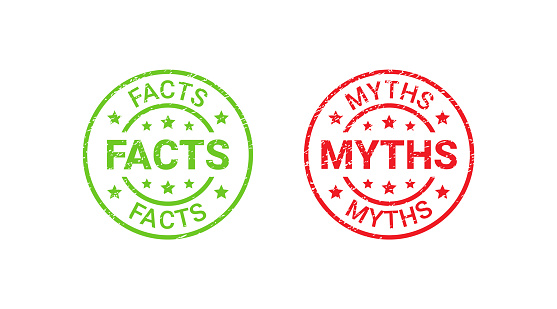 Fact Myth grunge rubber stamps, badges. Vector illustration. Truth or false textured emblems. Red green seal imprints isolated on white background. Infographic labels. Retro round stickers.