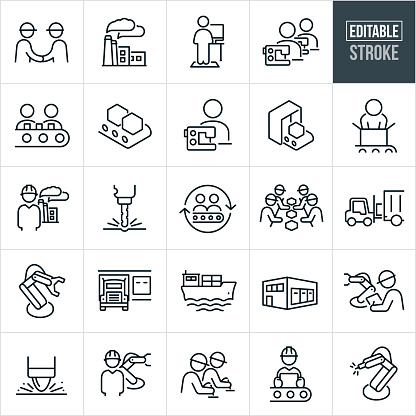 A set of factory and mass production icons that include editable strokes or outlines using the EPS vector file. The icons include factories, workers working on assembly lines, two warehouse engineers shaking hands, mass production, worker fulfilling orders, workers using sewing machines, conveyor belt transporting product, engineer standing in front of a factory, production line, factory machinery, forklift loading product onto a semi-truck, robotic arm, semi-truck at warehouse, freight transport, warehouse, quality inspector, workers wearing hardhats and other related icons.