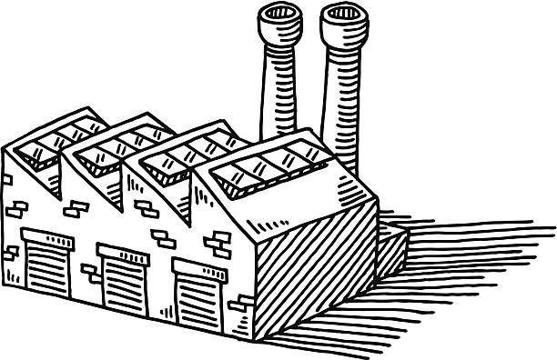 Factory Building Chimney Drawing Hand-drawn vector drawing of a Factory Building with two Chimneys. Black-and-White sketch on a transparent background (.eps-file). Included files are EPS (v10) and Hi-Res JPG. factory drawings stock illustrations