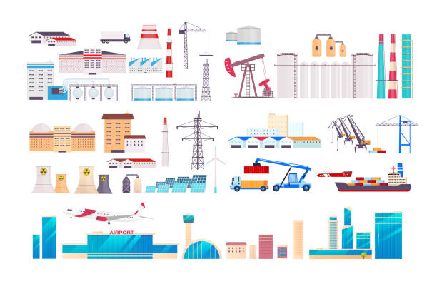 Factory cartoon vector objects set Factory cartoon vector objects set. Industrial machinery and equipment constructor. Airport flat color illustrations collection. Manufactory buildings isolated pack on white background airport clipart stock illustrations