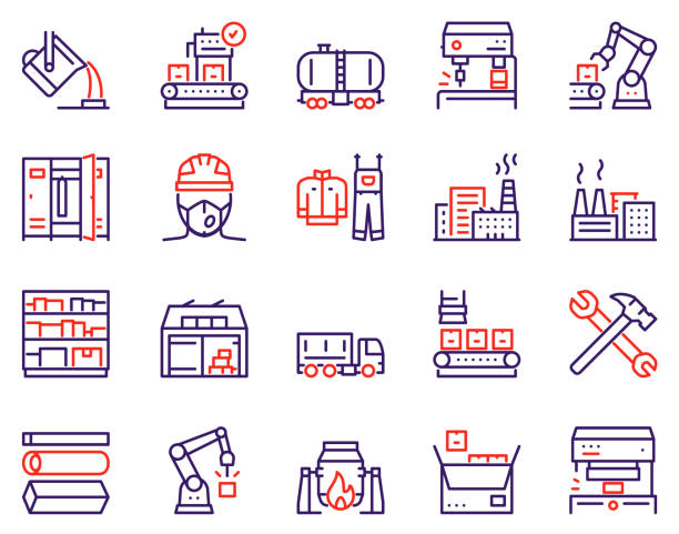Factory color line icon set. Labor and engineering concept Factory color line icon set. Robot and production industrial work. Labor and engineering concept. Truck, warehouse, worker, uniform, power station, mine, conveyor, buildings, tools and more machines stock illustrations