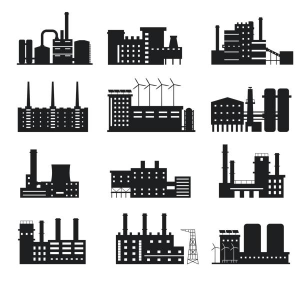 Factory silhouette. Industrial building icons. Manufacture plant and power station with chimneys, windmills and solar panels logo vector set Factory silhouette. Industrial building icons. Manufacture plant and power station with chimneys, windmills and solar panels logo vector set. Alternative energy sources equipment and company factory silhouettes stock illustrations