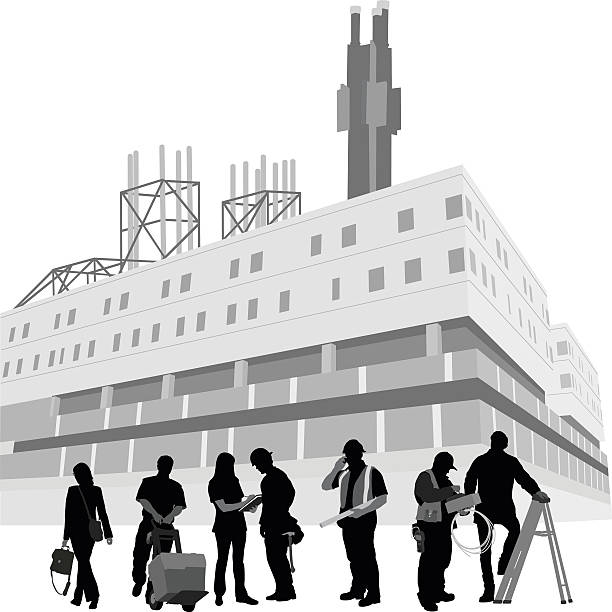 Factory Workforce A vector silhouette illustration of a fectory building exterior with people in front. Workers include a business woman, delivery man, admin, construction workers, electrician, and man on a ladder.  The buidlign is industrial looking with antenna on top. factory silhouettes stock illustrations