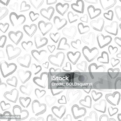 istock Faded hand painted watercolor  hearts isolated on white background - unique modern minimalistic imperfect light handmade graphic art in shades of black and white with many imperfections in vector 1130545258