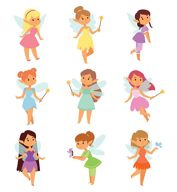 ilustraciones, imágenes clip art, dibujos animados e iconos de stock de conjunto vectorial de personajes de dibujos animados de hadas. - fairy