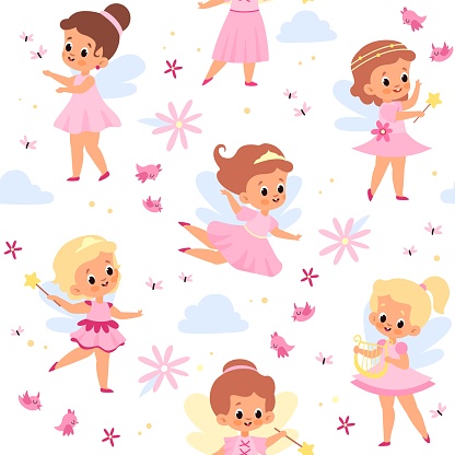 Fairies seamless pattern. Cute winged girls. Young flying sorceresses. Little princess in pink dresses. Baby enchantresses with magical wands. Funny clouds and flowers. Vector background