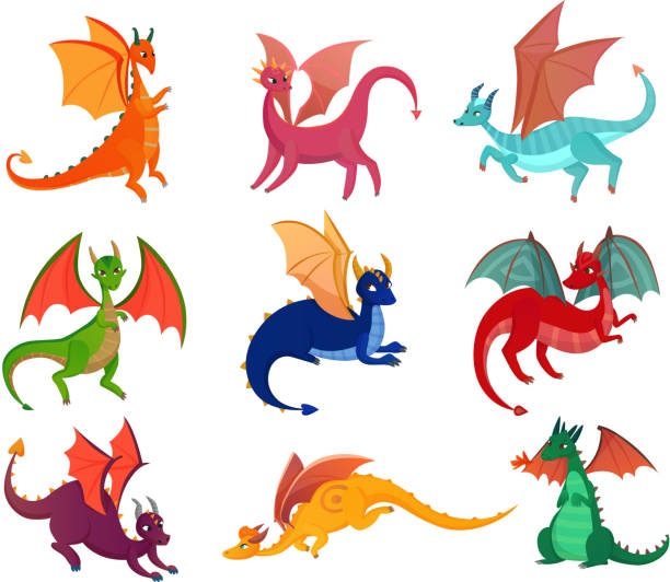 fairy dragons set Fairy dragons set of flat isolated images of colourful wyverns with horning on blank background vector illustration dragon stock illustrations
