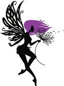 The silhouette of a feminine fairy with detailed wings and purple hair, making a wish with an abstract dandelion/flower. 
