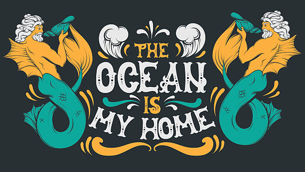 Fairy marine illustration with lettering Ocean is my home. Vector quote typographical background with fairy hand written font and illustration of triton. Template for postcard banner poster print for t-shirt. merman stock illustrations