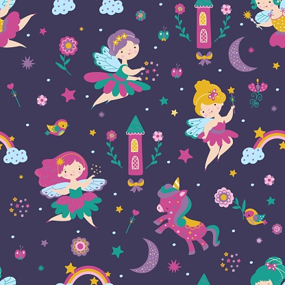Fairy seamless pattern. Child tale characters, print with fairies, castle and flowers. Cute magic dolls, sweet girls graphics. Childish fashion nowaday vector background