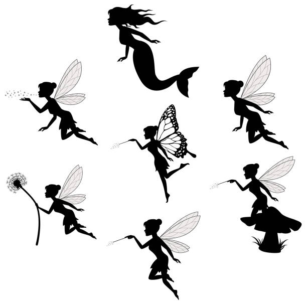 ilustraciones, imágenes clip art, dibujos animados e iconos de stock de colecciones de silueta de hadas en blanco backgorund - fairy