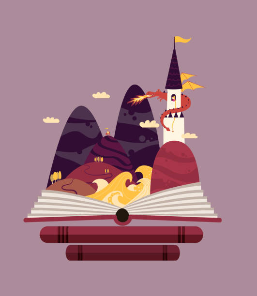 stockillustraties, clipart, cartoons en iconen met sprookje taile story-dragon, prinses en ridder aan de redding. - book tower