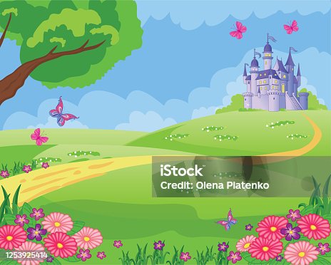 istock Fairy tale background with flower meadow, Princess's castle and butterflies. Wonderland. Cartoon, children's illustration. Fabulous landscape. Beautiful Park or garden. Vector. 1253925414