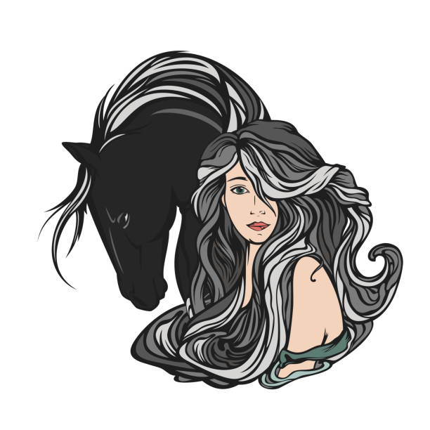fairy tale woman and horse art nouveau vector portrait beautiful fairy tale woman with long gorgeous hair and her wild horse friend - art nouveau style  fantasy vector portrait horse clipart stock illustrations