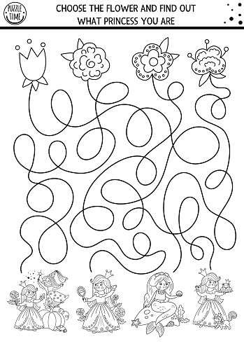 Fairytale black and white maze for kids with cute princesses and flowers. Magic kingdom preschool printable activity or coloring page with Sleeping Beauty, Mermaid. Fairy tale labyrinth game