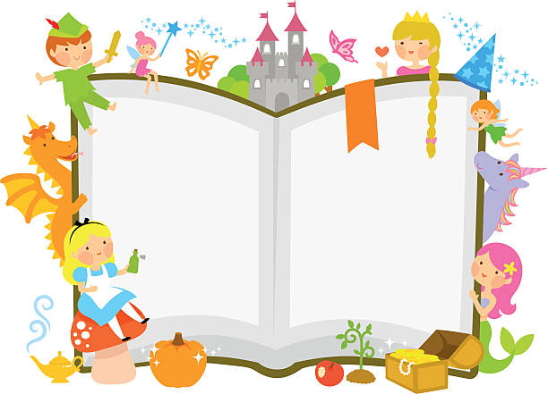 fairytale characters characters of fairytales around an open book book borders stock illustrations