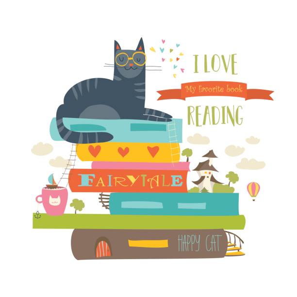 ilustrações de stock, clip art, desenhos animados e ícones de fairytale concept with book and cat - book cat