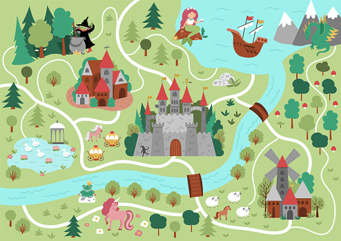 Fairytale kingdom map. Medieval village background. Vector fairy tale castle infographic elements with sea, mountains, forest, ship. Fantasy town plan with unicorn, witch, mermaid, dragon, frog prince