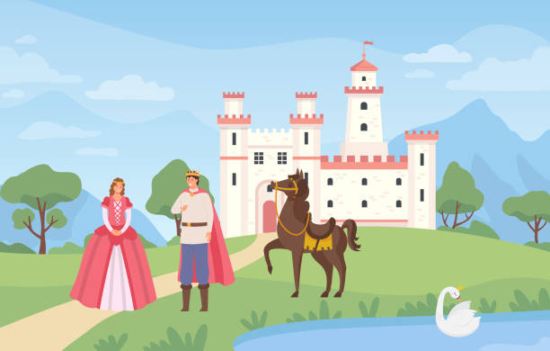 stockillustraties, clipart, cartoons en iconen met fairytale landscape with castle. prince and princess standing on meadow with horse. medieval magical kingdom - castle couple