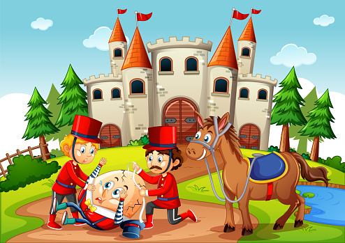Fairytale scene with humpty dumpty egg and soldier royal guard scene
