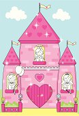 Princesses at the windows of their fairytale sparkly pink palace with a heart shaped door and tiles and flags fluttering. Princesses are to colour in!