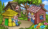 A cartoon scene from the three little pigs childrens fairytale story. The 3 pig characters with their straw, wood and brick houses and the big bad wolf peeking from behind a tree.