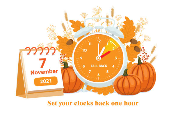 Fall back, the end of daylight savings time concept Daylight saving time, 2021 concept. Alarm clock and calendar with the date of November 7 on the autumn leaves and pumpkins background. The reminder text - set clock back one hour. Vector illustration daylight saving time stock illustrations