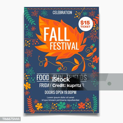 istock Fall Festival flyer or poster template. creative colorful maple leaves elements with floral 1166675444