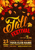 Fall Festival flyer or poster template. Bright autumn leaves on dark background with line art leaves pattern. Calligraphic inscription Fall Festival and space for your text. Vector illustration.