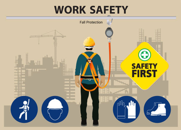 ilustrações, clipart, desenhos animados e ícones de proteção de queda, segurança do trabalhador da construção em primeiro lugar, design de vetorial - segurança do trabalho